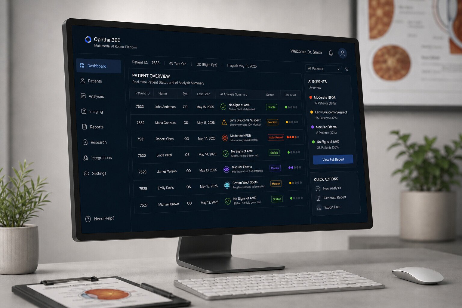 Ophthal360 autonomous screening dashboard — multi-patient retinal triage and referral overview