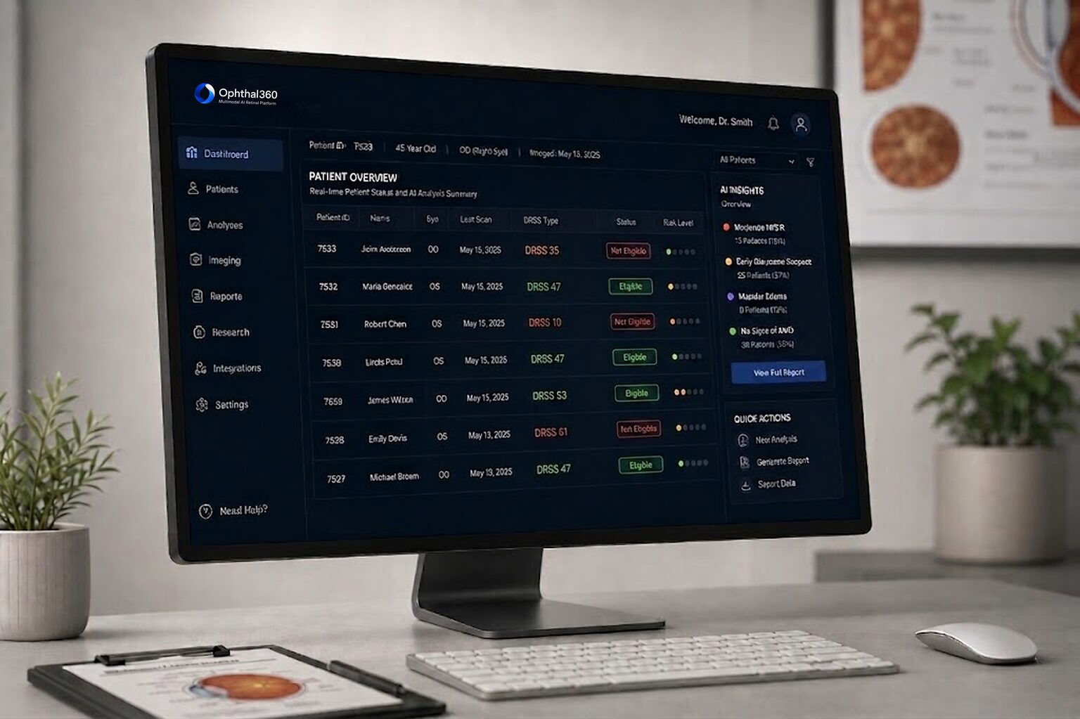 Ophthal360 Multimodal AI Retinal Platform — DRSS eligibility dashboard shown on a clinical workstation